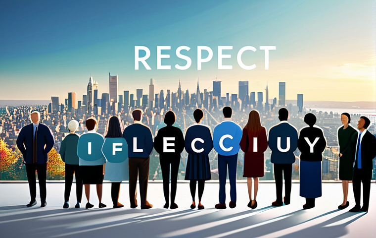 **
"A diverse group of people standing together, symbolizing unity and understanding. Subtle text overlays show words like 'respect,' 'inclusion,' and 'equality.' Background features a blurred cityscape, representing society as a whole. Bright, hopeful lighting. Professional illustration, digital art, safe for work, appropriate content, fully clothed, family-friendly."
**
