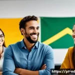 Home 22 언어적 편향과 문화적 맥락 - A diverse group of Brazilian professionals engaged in a respectful conversation in a modern office s...
