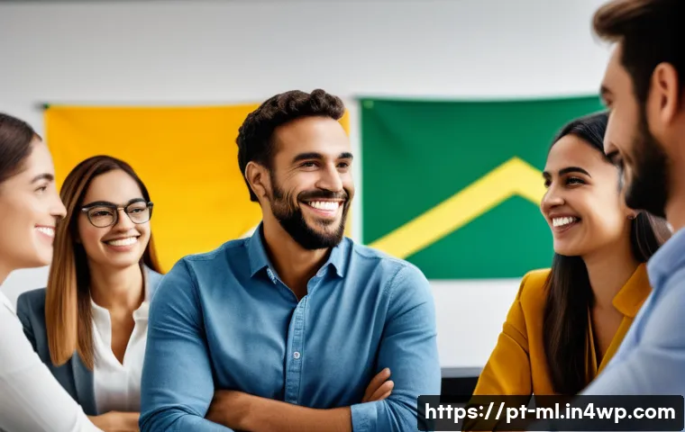 언어적 편향과 문화적 맥락 - A diverse group of Brazilian professionals engaged in a respectful conversation in a modern office s...