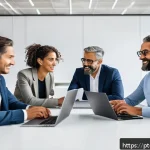 Home 20 언어적 편향 분석을 위한 소프트웨어 도구 - A diverse group of Portuguese-speaking professionals in a modern office setting, collaborating aroun...