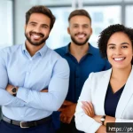 Home 19 언어적 편향 인식 교육의 필요성 - A diverse group of Brazilian professionals in a modern office setting, engaged in a respectful discu...