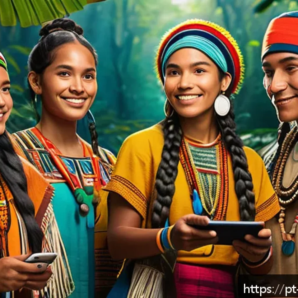언어적 편향 해소를 위한 소셜 미디어 활용법 - A vibrant digital artwork depicting a diverse group of Indigenous Brazilian people actively engaging...