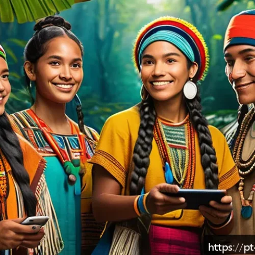 Home 30 언어적 편향 해소를 위한 소셜 미디어 활용법 - A vibrant digital artwork depicting a diverse group of Indigenous Brazilian people actively engaging...