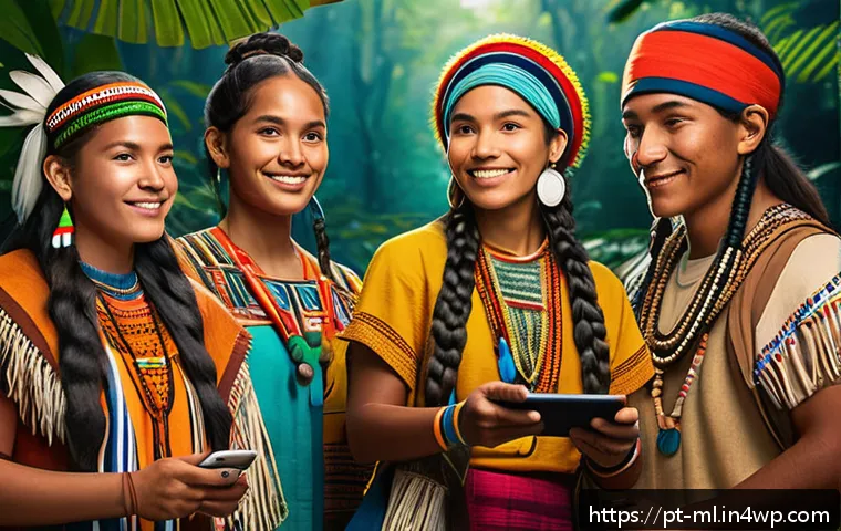 언어적 편향 해소를 위한 소셜 미디어 활용법 - A vibrant digital artwork depicting a diverse group of Indigenous Brazilian people actively engaging...