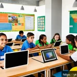 Home 23 언어적 편향을 극복하기 위한 국제 사례 - A modern digital classroom scene in a Brazilian public school, showing diverse students aged 10-15 u...