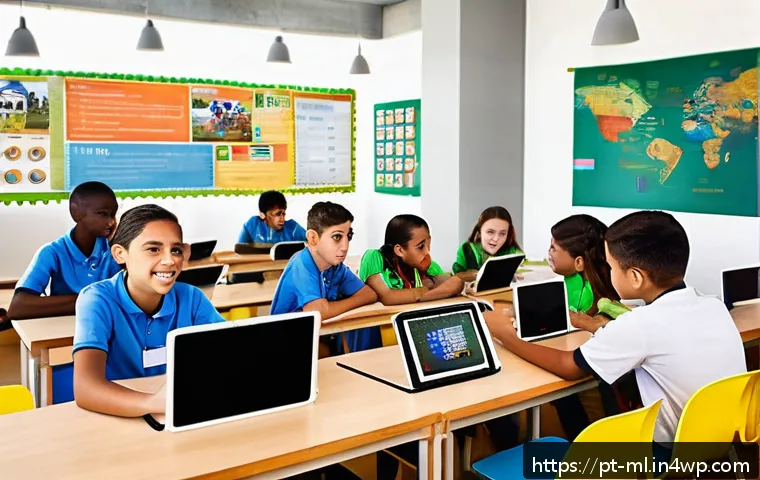 언어적 편향을 극복하기 위한 국제 사례 - A modern digital classroom scene in a Brazilian public school, showing diverse students aged 10-15 u...