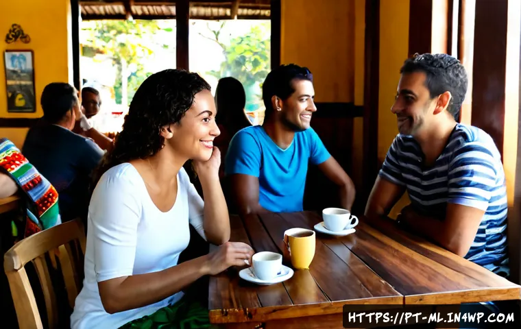 Home 17 언어적 편향과 문화 교류 - Photorealistic scene of a diverse group of Brazilian Portuguese-speaking adults and international vi...